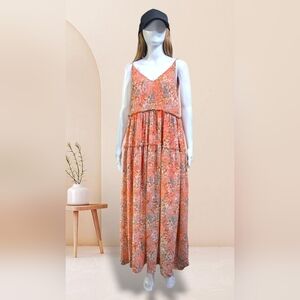 Elegant Maronie Floral V-Neck Maxi Dress Orange And Pink
